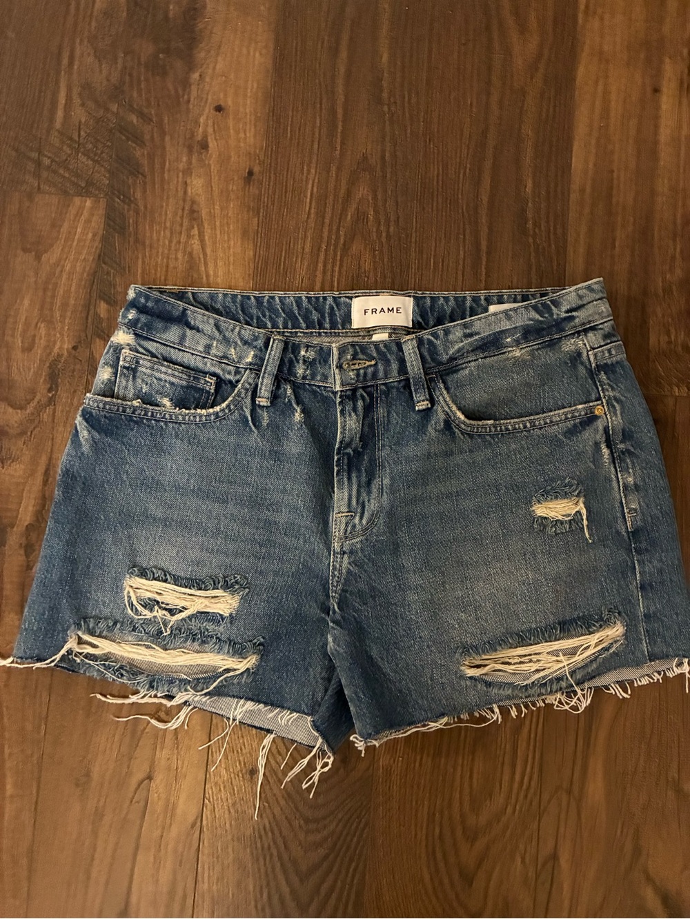 Frame Le Grand Garçon Denim Blue Ripped Cutoff Jean Shorts